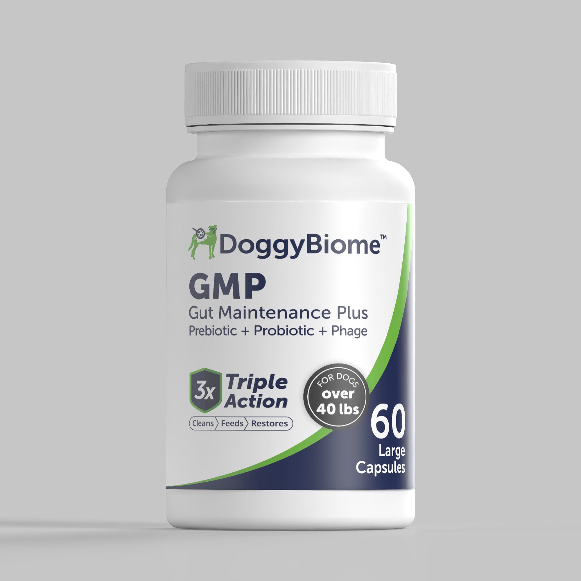 Jar of AnimalBiome's GMP for Dogs, a phage, prebiotic and probiotic blend, on a grey background