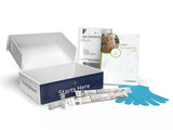 contents of a KittyBiome Gut Health Test: box, mailer, booklet, gloves, wooden stick, swab, sample tubes